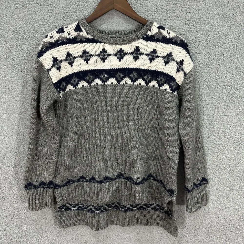 LOFT Fair Isle‎ Sweater Womens Small Petite PS Gray Blue Mohair Ski Lodge Scandi